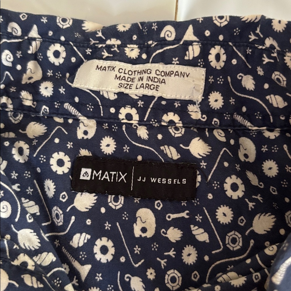 Matix Skull Print Button Up Shirt Large Blue White Short Sleeve Skate Surf - Picture 6 of 9